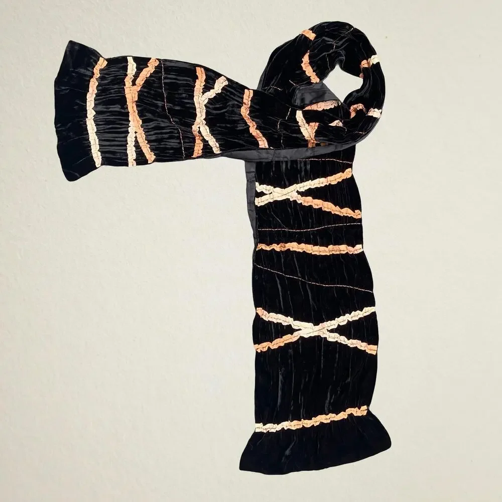 Vintage black velvet scarf with ruffled strips whimsigoth witchcore Y2K